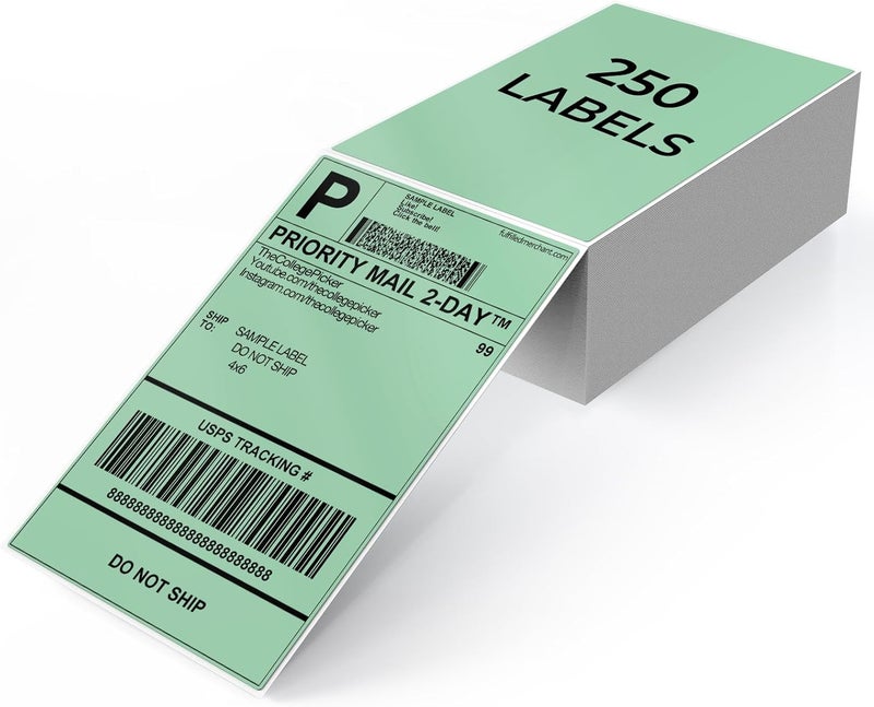 YIKIADA Green Shipping Thermal Labels 4 × 6 Inch Vinyl Self-Adhesive Fanfold Direct Stickers Waterproof Perforated Printer Decal for Office Warehouse Home Address 250 PCS - Image 1